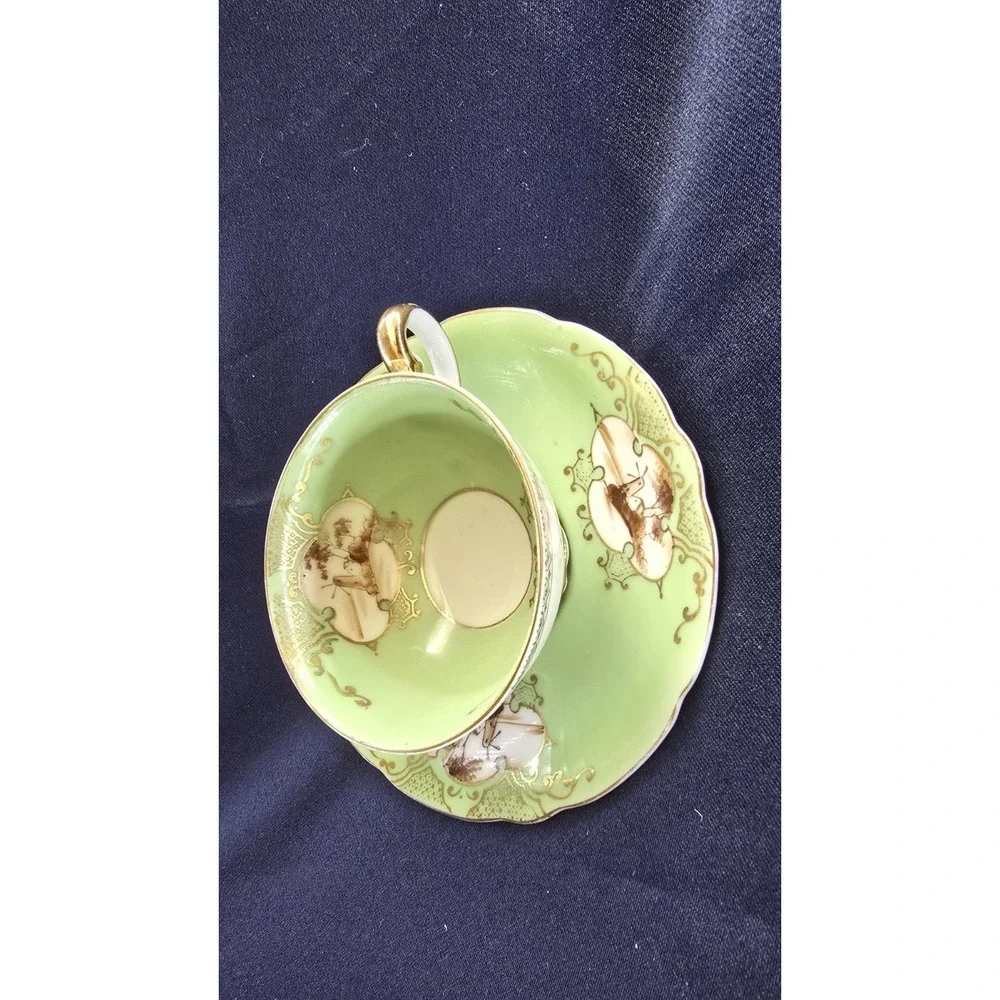 Vintage Ardalt Japan Verithin Tea Cup Saucer Set Green Gold Gilt Windmill 6219P